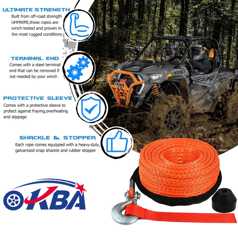 OKBA Synthetic Winch Rope Kit 1/4"" x 50ft 10000LBS Synthetic Winch Line Cable Rope with Hook Stopper Protective Sleeve Safety Pull Strap for 4WD Off Road Vehicle ATV UTV SUV - Image 2